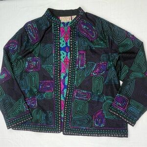 Life Style Woman Embroidery Vintage Jacket Black with Fuchsia Teal Purple 1X